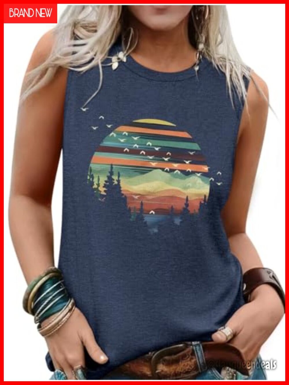 Women Sleeveless Graphic Tank Top Loose Fit Crewneck Summer Vacation Shirt